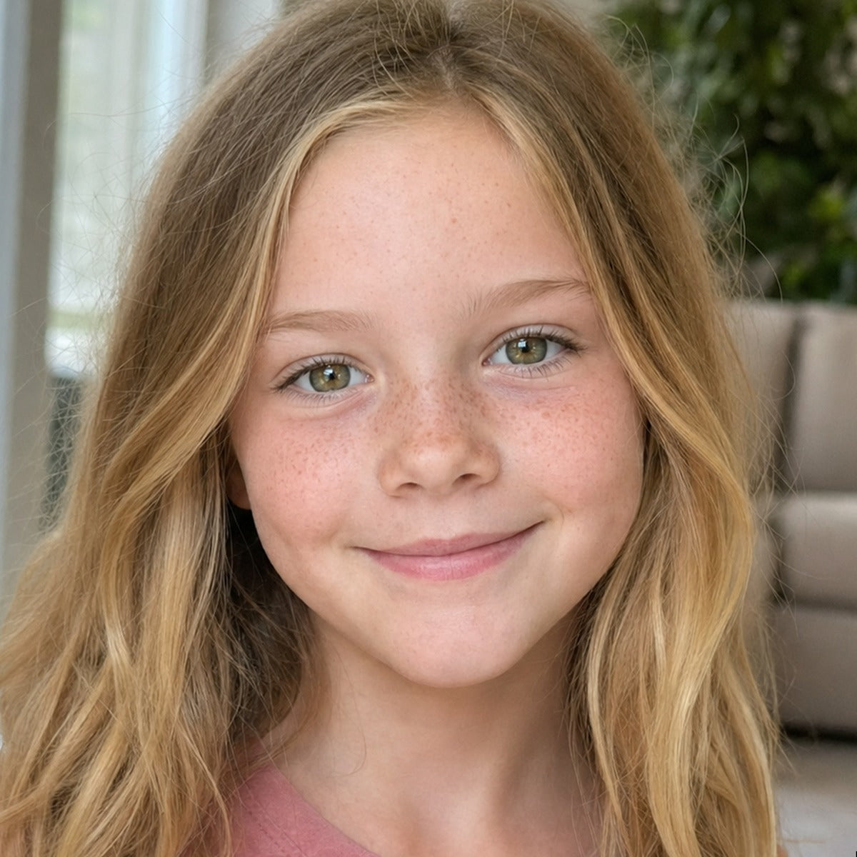 A photo of a smiling girl with long fair hair