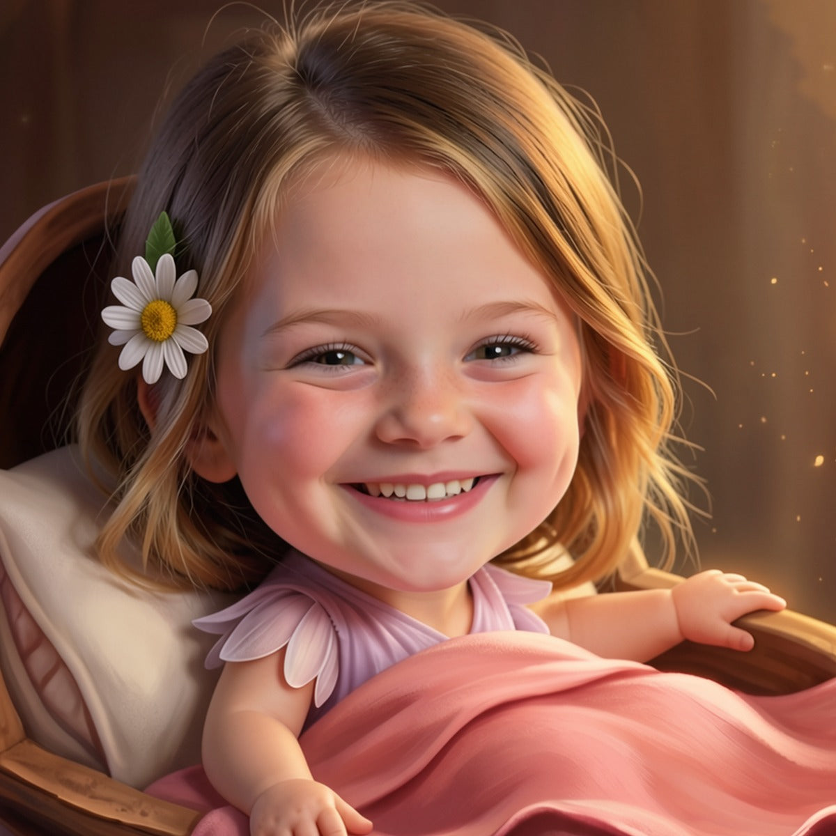 The same girl, illustrated as Thumbelina in her walnut-shell cradle