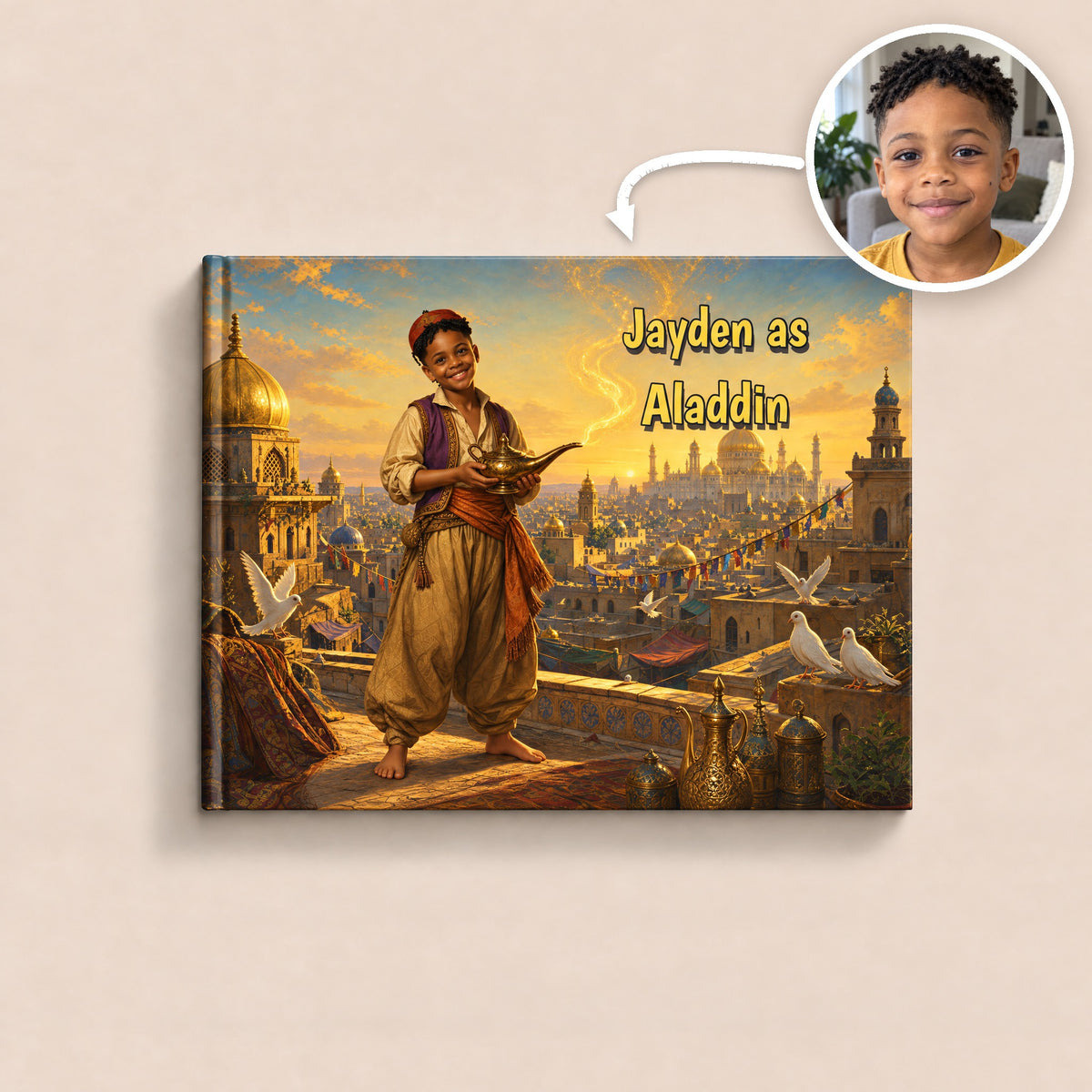 The personalized Aladdin hardcover with the photo it was made from