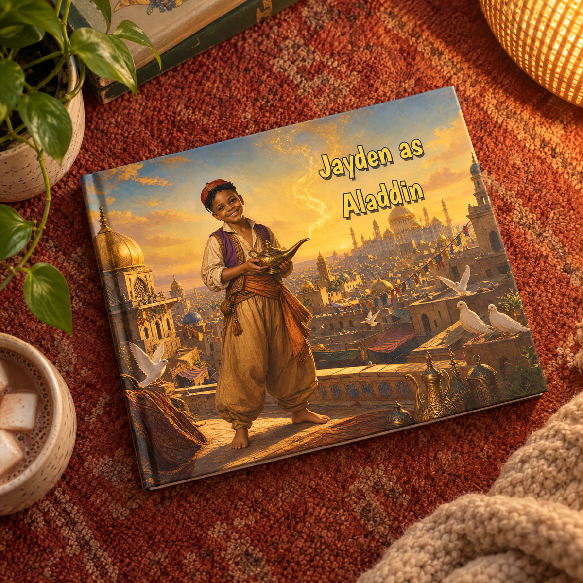 The Aladdin hardcover on a rug