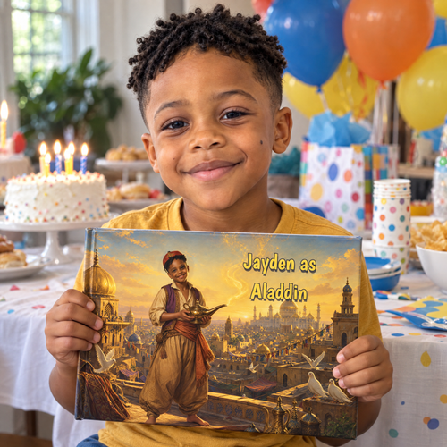 A boy holding his Aladdin book at a birthday party