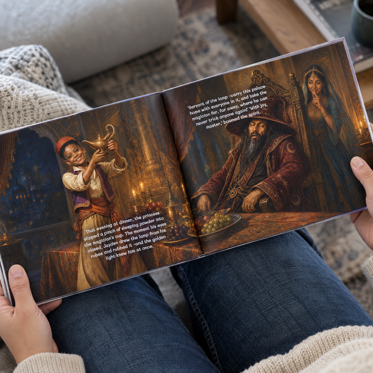 Hands holding the open Aladdin book