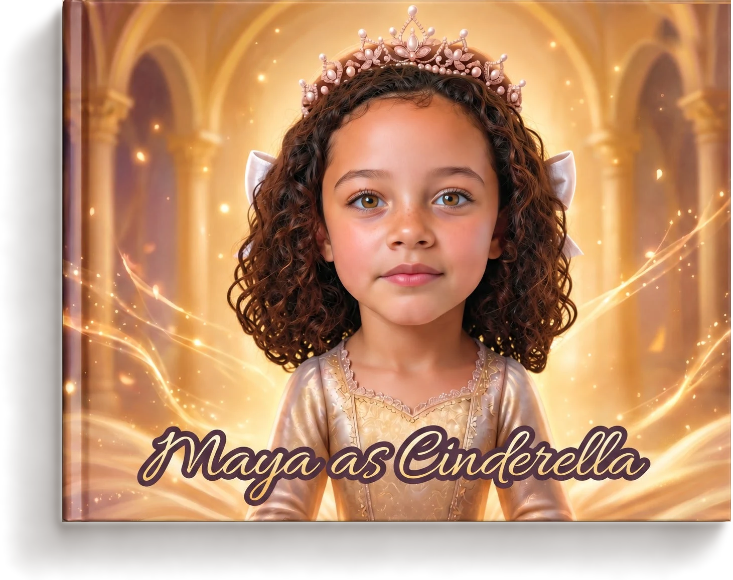 Maya's hardcover book, Maya as Cinderella, next to the photo it was made from